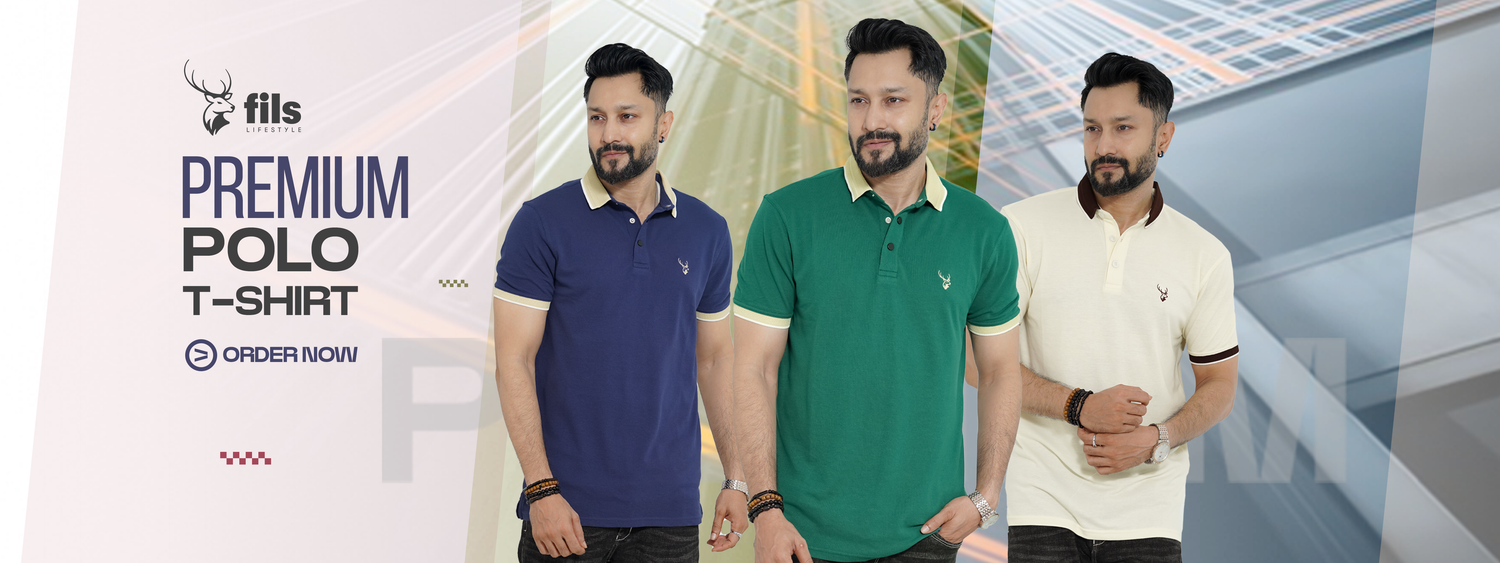 Three men wearing different colored polo shirts with promotional text for 'fils Premium Polo T-Shirt'.