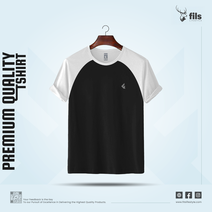 Black and white t-shirt on a hanger with 'fils' branding on a light blue background.