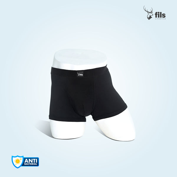 Black boxer briefs on a mannequin with 'fils' branding and antibacterial logo on a light gray background.