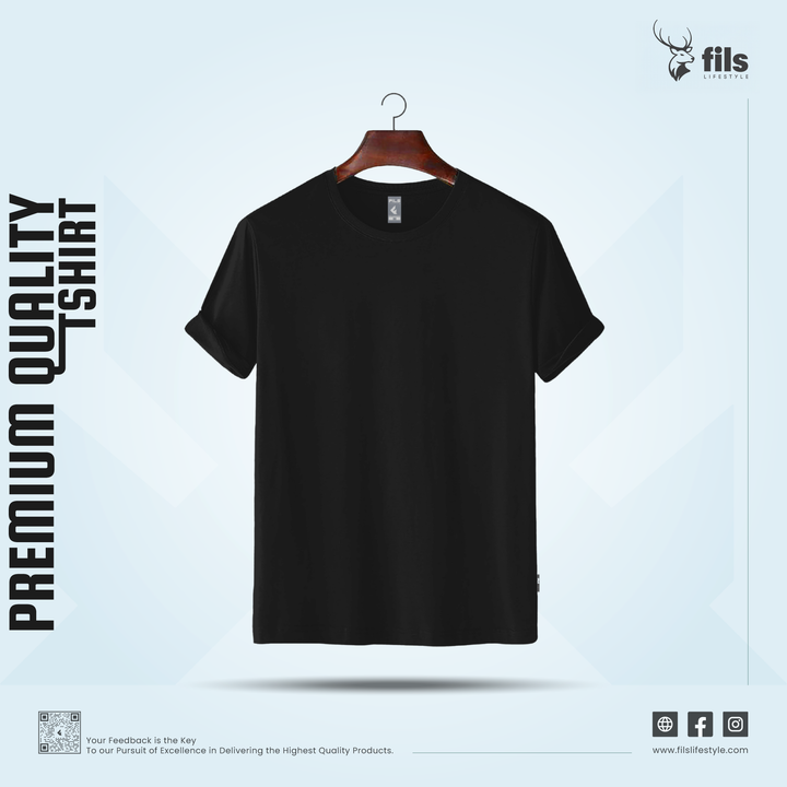 Black t-shirt on a hanger with 'Premium Quality Tshirt' text and 'fils lifestyle' branding.