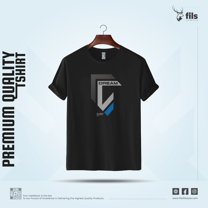Black t-shirt with a logo and text on a light blue background, featuring the brand 'fils'.