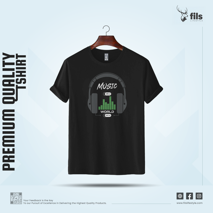 Black t-shirt with music-themed design on a hanger against a light blue background