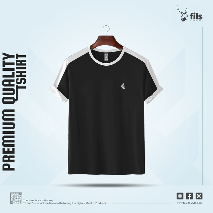 Black t-shirt with white accents on a hanger against a light blue background, featuring the 'fils lifestyle' brand.