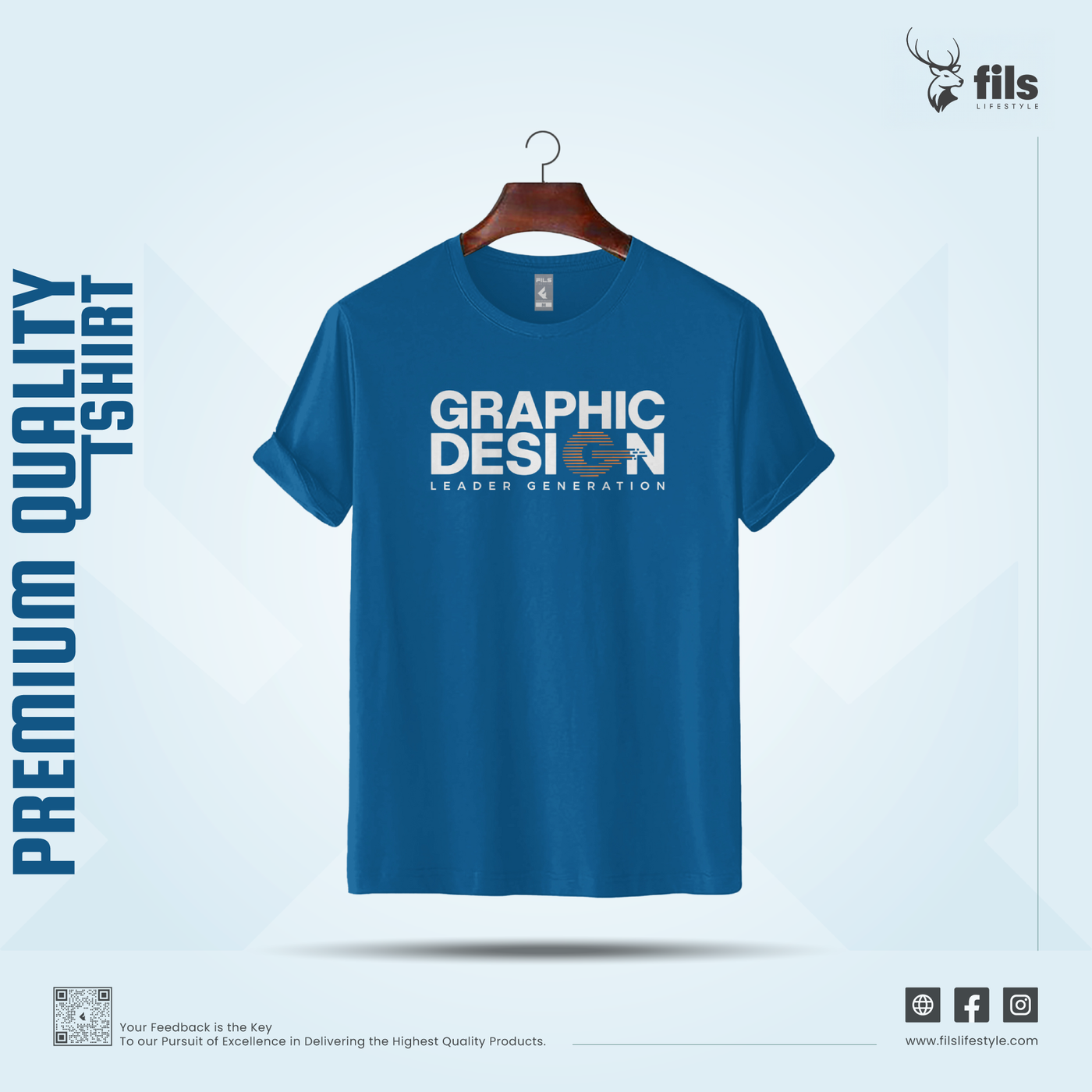 Blue t-shirt with 'Graphic Design' text on a hanger against a light blue background