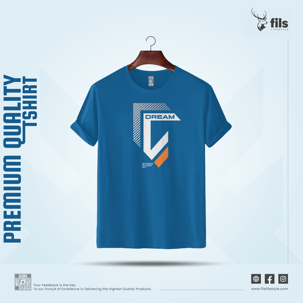 Blue t-shirt with a logo and text on a light blue background