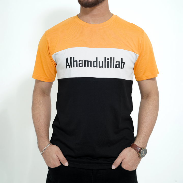 Male model wearing Fils Lifestyle Men's Premium T-Shirt - Alhamdulillah showing front.