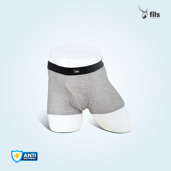 Gray boxer briefs with a black waistband on a light gray background, featuring the 'fils' brand.