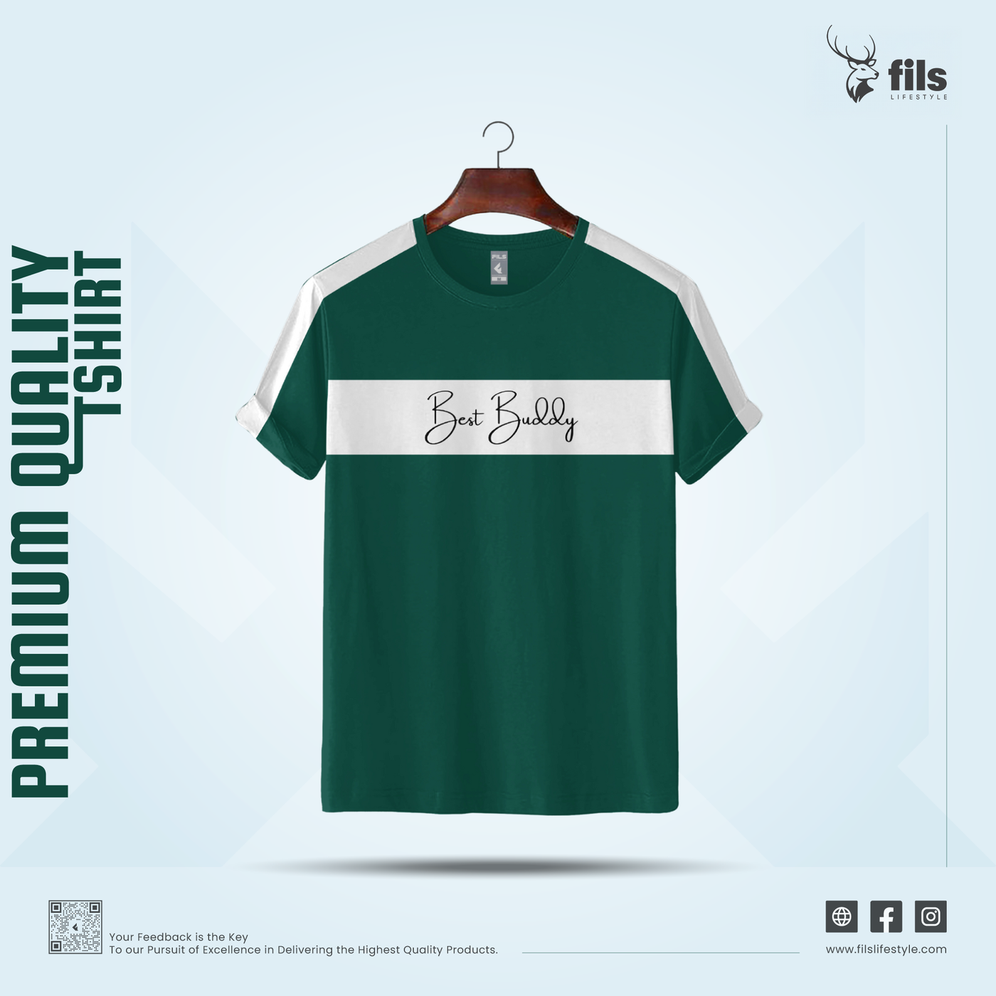 Green t-shirt with 'Best Buddy' text on a hanger against a light blue background