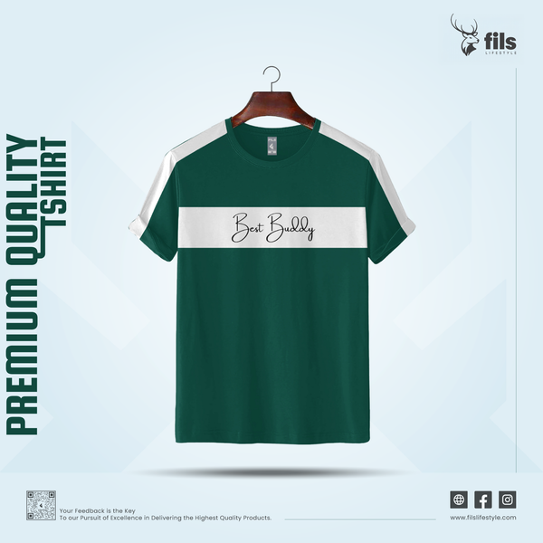 Green t-shirt with 'Best Buddy' text on a hanger against a light blue background