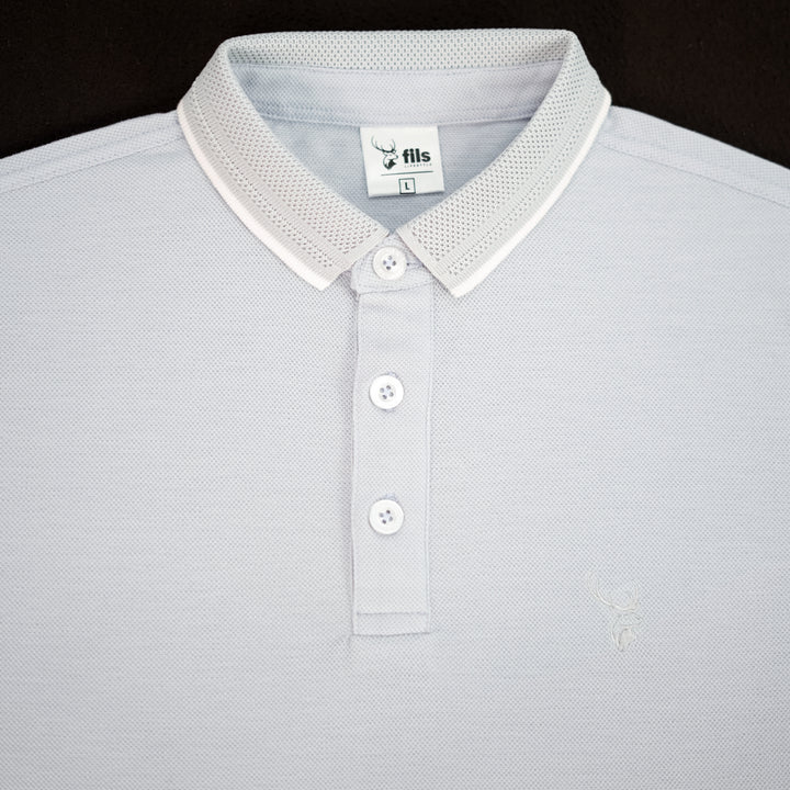 Light gray polo shirt with white collar and buttons on a black background