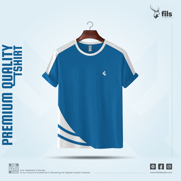 Man wearing a blue t-shirt with a small logo on a white background