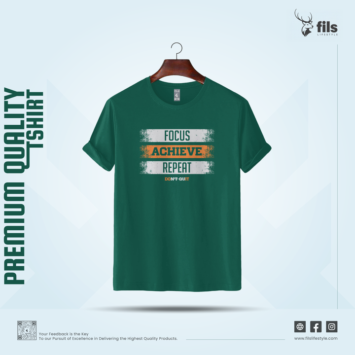 Man wearing a green t-shirt with motivational text on a white background