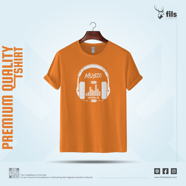 Man wearing a mustard yellow t-shirt with a graphic design on a white background