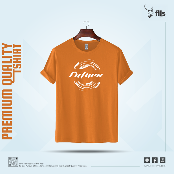 Man wearing an orange t-shirt with 'future' printed on it against a white background