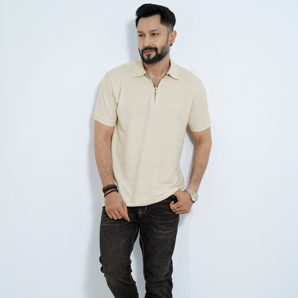 Stripe Pique Zipper Polo Shirt - Off White