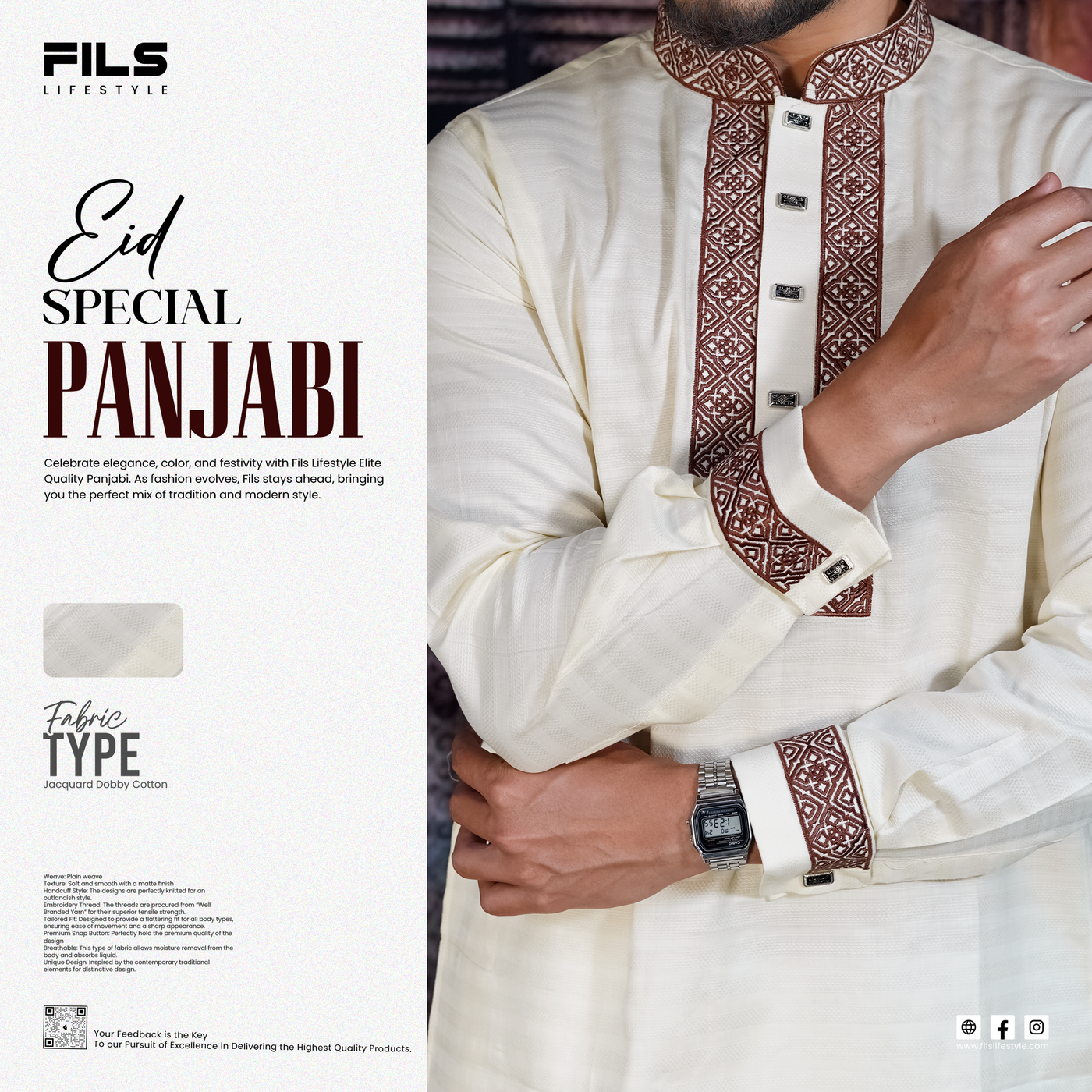 Classy Off White Premium Embroidered Cotton Panjabi
