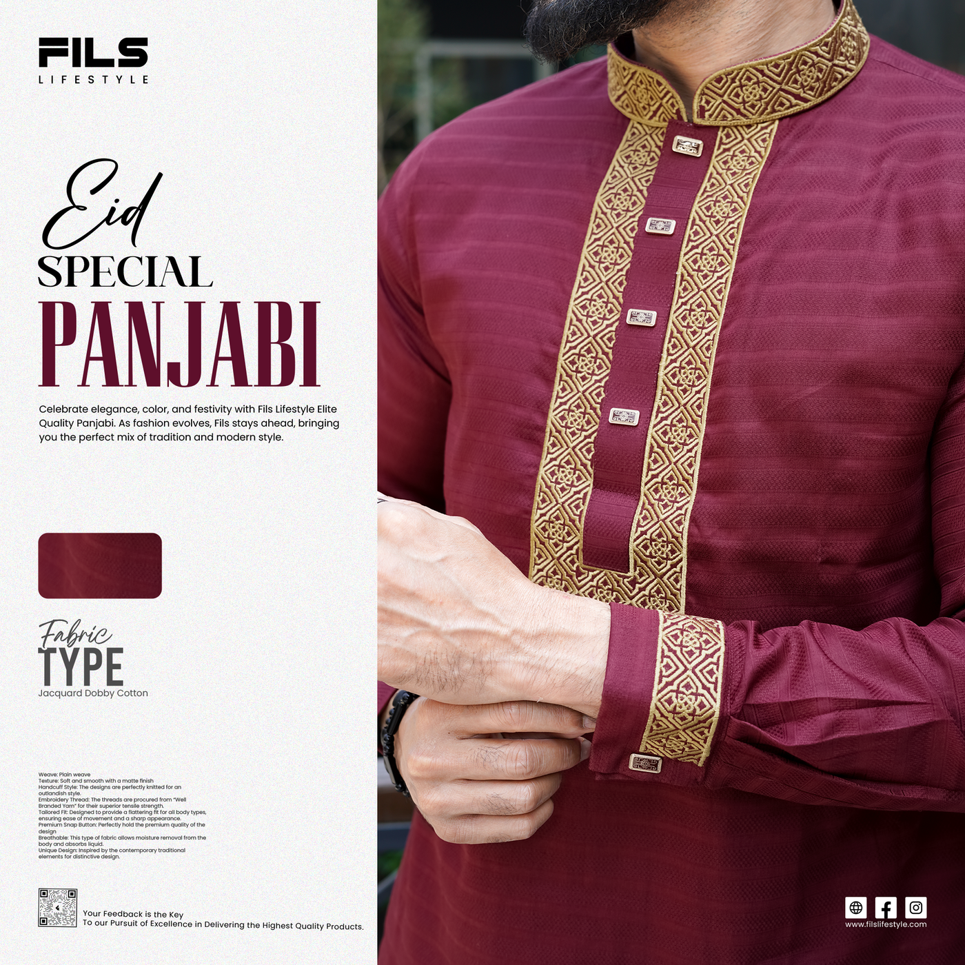 Royal Maroon Premium Embroidered Cotton Panjabi