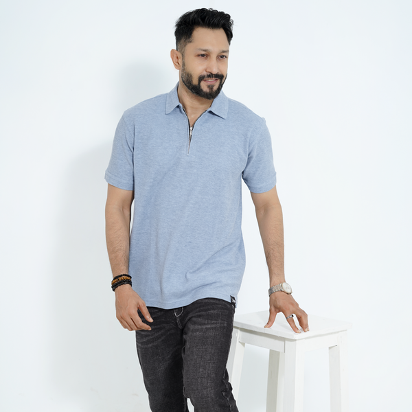 Premium CVC Zipper Polo Shirt - Sky Blue