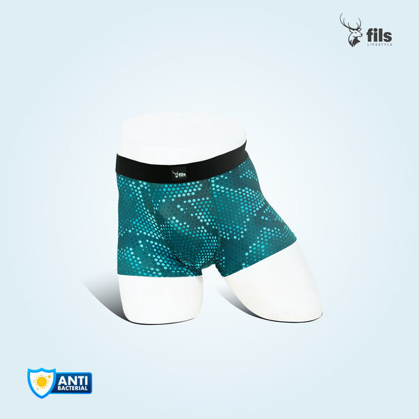 Teal patterned boxer briefs on a white mannequin with 'fils' branding and antibacterial logo on a light blue background.