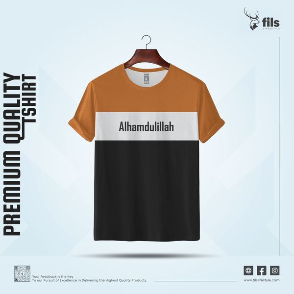 Three-tone t-shirt with 'Alhamdulillah' text on a hanger against a light blue background.