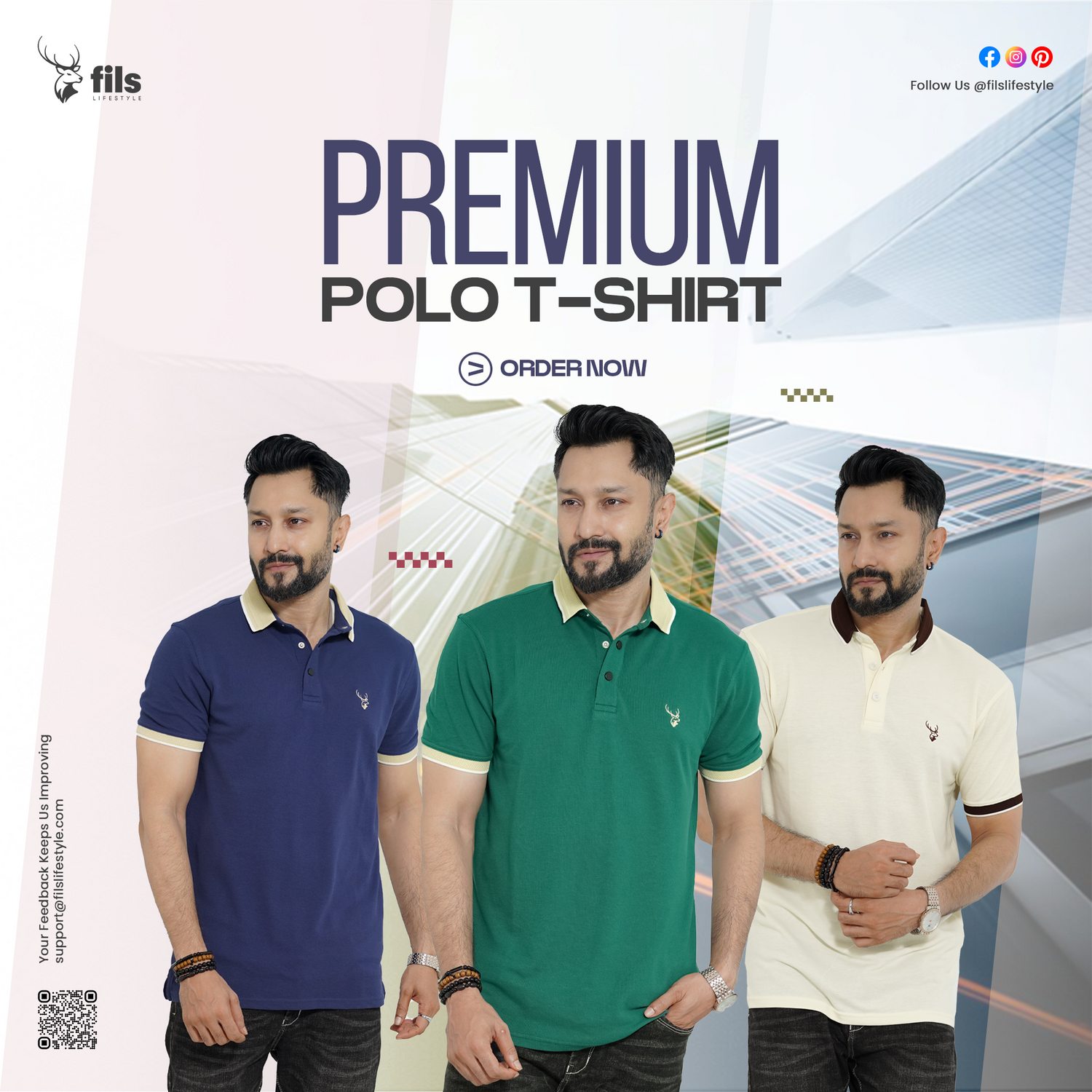Three men wearing polo shirts with promotional text for a premium polo t-shirt.