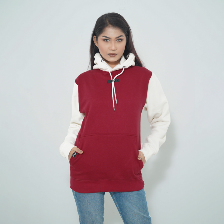 female model wearing Fils Premium Pullover Hoodie - Cozy Crimson